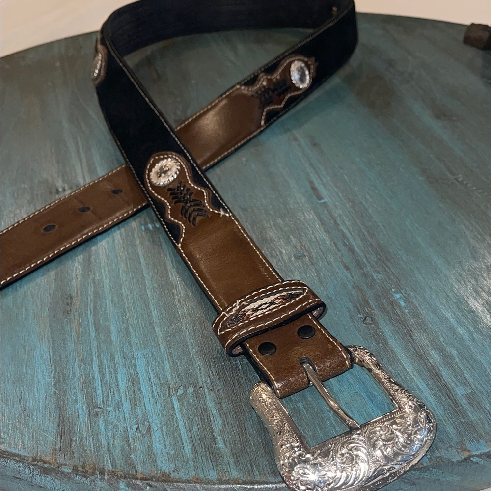 Western Tooled Leather Belt with Silver Buckle - Brown/Black